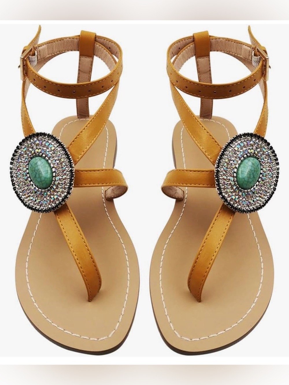 Women’s Tan Jeweled T-Strap Sandals (photo includes slight imperfection)